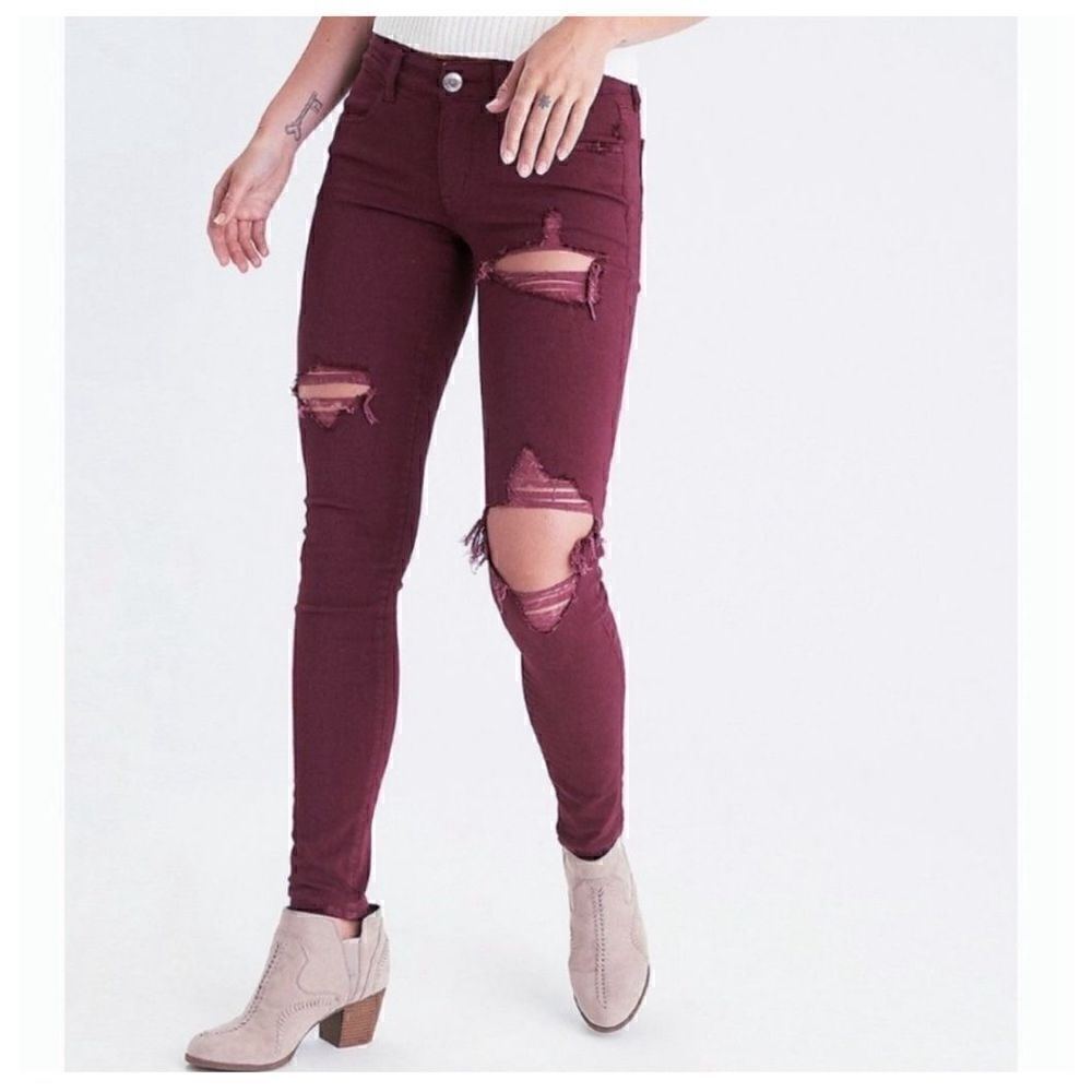 American Eagle AEO Twill Burgundy Skinny Jeggings, Size 2, Jeans Low Rise Skindi